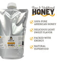 silver Mylar pouch labelled as The Honey Jar Clover Blossom Honey next to info list. 100% Pure American Honey Delicious light sweet flavor packed with energy natural superfood