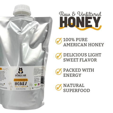 silver Mylar pouch labelled as The Honey Jar Clover Blossom Honey next to info list. 100% Pure American Honey Delicious light sweet flavor packed with energy natural superfood