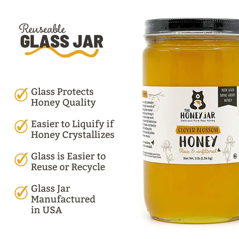 Honey in reuseable glass jar to protect Quality. Jar manufactured in USA