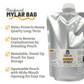 Mylar bag labelled as The Honey Jar Clover Blossom Honey next to info list. mylar protects honey quality long term easy to reverse crystallization by kneading pouch resealable stand-up pouch for easy storage squeezable pouch with wide-mouth opening for easy use