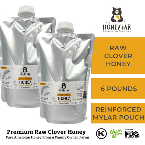 Mylar pouch labelled as The Honey Jar Clover Blossom Honey. Raw Clover Honey 6 pounds reinforced Mylar pouch.