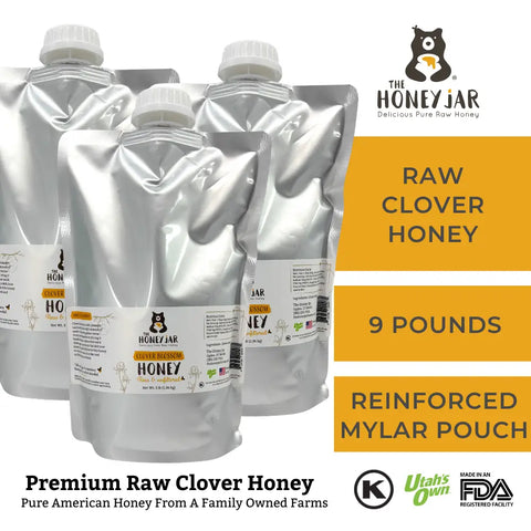 Mylar pouch labelled as The Honey Jar Clover Blossom Honey. Raw Clover Honey 9 pounds reinforced Mylar pouch.